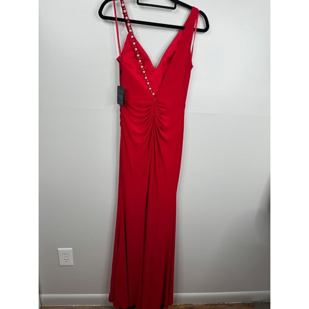 Ieena for Mac Duggal 26532 Red Jersey Evening Gown Pearl Strap V-Neck Size 2 NEW - Picture 7 of 7